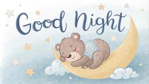 A good night cute image with a teddy bear sleeping peacefully under a dreamy starry sky, spreading cozy vibes.