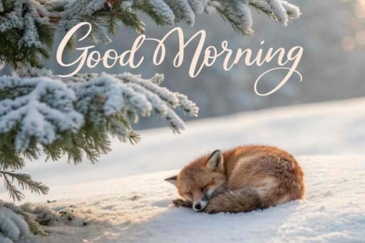 A peaceful good morning winter image featuring a cozy fox enjoying the winter calm.