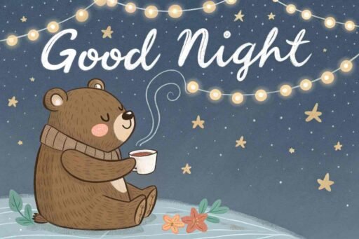 A good night cute image combining coziness, warmth, and dreamy vibes with a bear in a picnic-like setup.