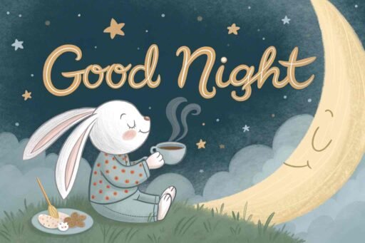 A good night cute image with a sweet bunny enjoying cozy vibes under the stars.