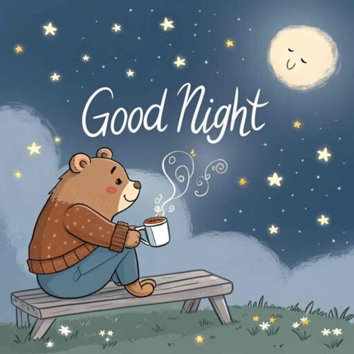 A good night cute image capturing warmth, relaxation, and peaceful vibes under a starry sky.