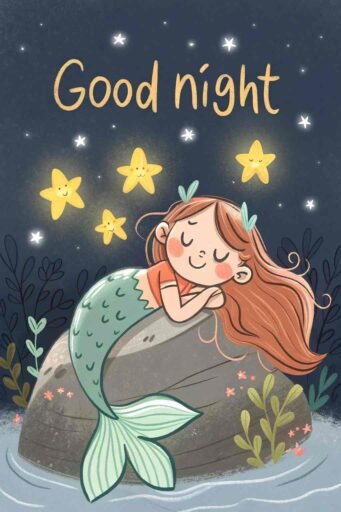 A good night cute image with a serene mermaid setting, evoking magical and dreamy vibes.