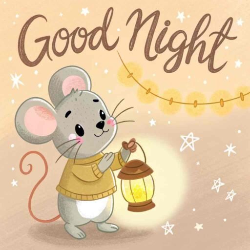 A good night cute image with a mouse exploring magical lights and peaceful vibes on a calm, starry evening.
