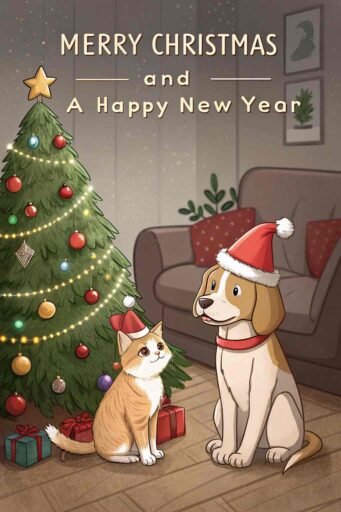 A heartwarming merry christmas and a happy new year image of pets with a Christmas tree and a message that says "Merry Christmas and A Happy New Year."