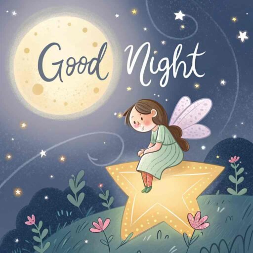 A good night cute image of a dreamy fairy drifting into a peaceful slumber under the stars.