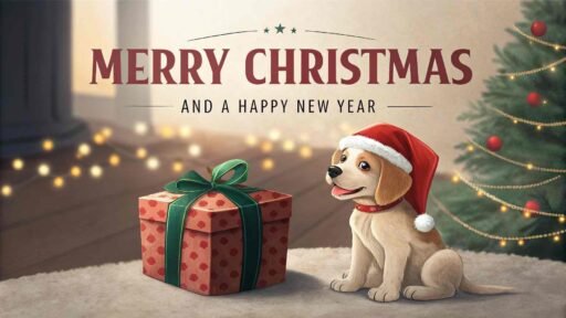 An adorable pic of merry christmas and a happy new year featuring bold text and a festive puppy.