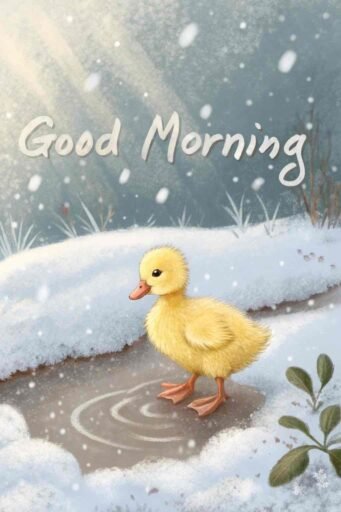 A playful good morning winter image showcasing a duckling enjoying the frosty morning.