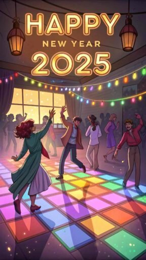A vibrant, animated dance celebration showing "happy new year funny pic."