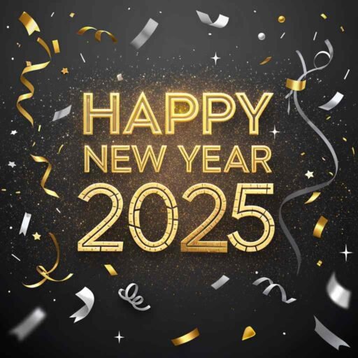 A metallic confetti-themed happy new year 2025 free image with bold, glowing text.