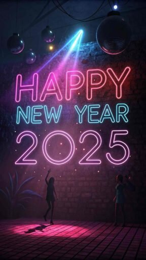 A neon-themed happy new year 2025 free image with glowing party text.