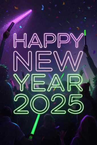 Picture of happy new year 2025 with glow-in-the-dark fun and bold glowing text.