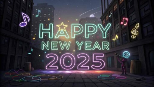 Picture of happy new year 2025 with a neon party glow and bold text.