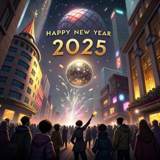 Picture of happy new year 2025 with a festive ball drop and bold radiant text.