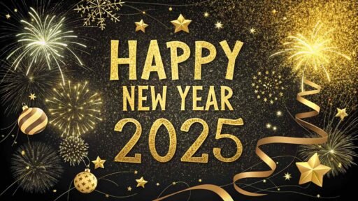 A golden glitter-themed happy new year 2025 free image with bold text, fireworks, and a celebratory vibe.