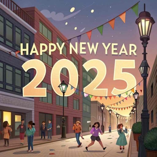 A cheerful "happy new years eve 2025 image" capturing a festive street with big "HAPPY NEW YEAR 2025" text overhead.
