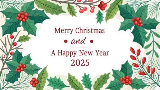 A festive "merry christmas and happy new year 2025 image" with holly berries and bold colorful text.