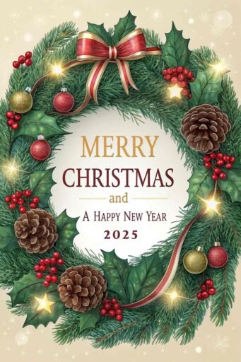 An elegant "merry christmas and happy new year 2025 image" with a festive wreath and glowing text.