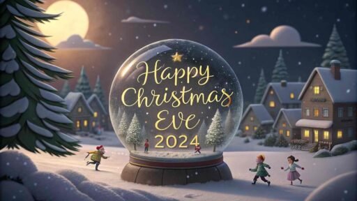 A magical snow globe with glowing golden "Happy Christmas Eve 2024" inside.