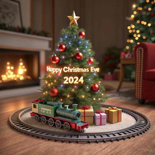 A glowing "Happy Christmas Eve 2024" on a toy train under the Christmas tree.