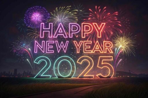 A neon-colored fireworks scene representing "happy new year funny pic."