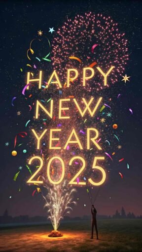 A "happy new year 2025 pic" capturing the joy of confetti and bold glowing text.