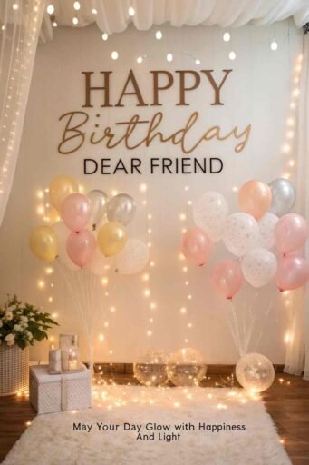 Illuminate their birthday with images of happy birthday dear friend, surrounded by the soft glow of fairy lights and the joy of balloons.