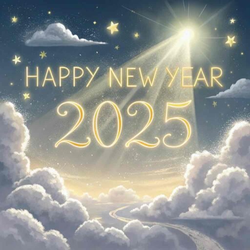 A "happy new year 2025 pic" with a serene cloudscape and bold golden text.