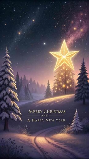 A picture of merry christmas and happy new year featuring a starry night. "Merry Christmas and A Happy New Year" is written boldly.