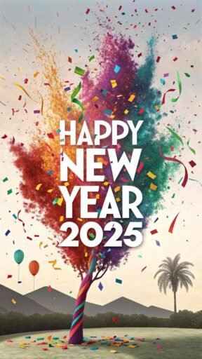 A confetti explosion-themed happy new year 2025 free image with bold, festive text.