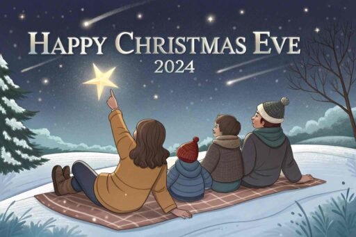 A glowing silver "Happy Christmas Eve 2024" above a family stargazing.