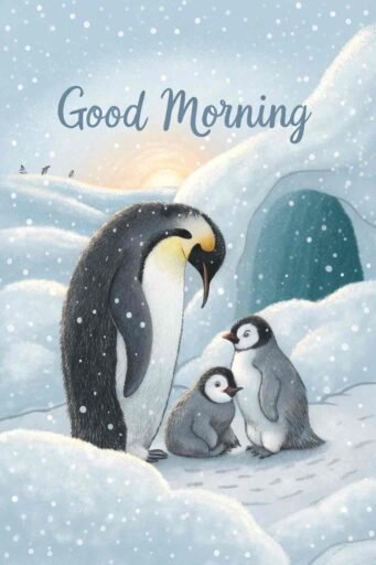 A touching good morning winter image showcasing a warm penguin family moment.