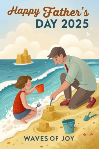 A cheerful beachside design for "happy father's day 2025 images."