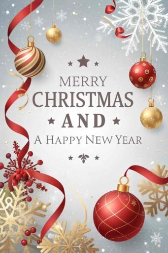 A traditional "merry christmas and a happy new year pic" with white bold text on a red and gold festive backdrop.