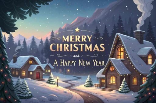 A picture of merry christmas and happy new year featuring a cozy Christmas village. The text "Merry Christmas and A Happy New Year" is written in bold, clear letters.