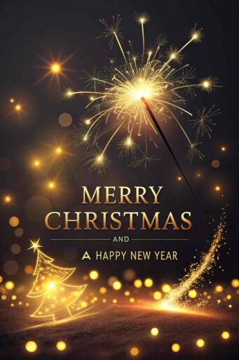 A picture of merry christmas and happy new year with sparkling lights. "Merry Christmas and A Happy New Year" is clearly visible.