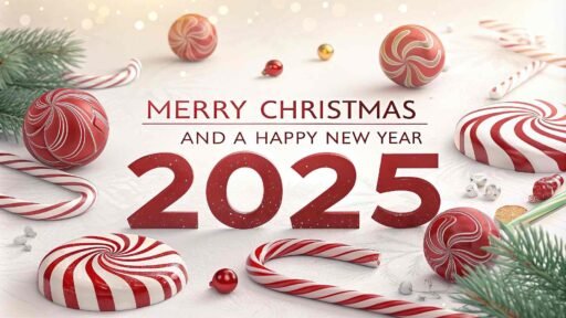 A cheerful "merry christmas and happy new year 2025 image" with candy canes and bold text.