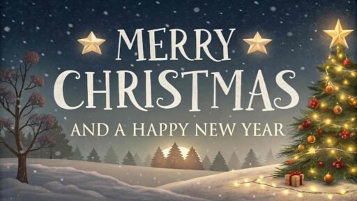 A cheerful pic of merry christmas and a happy new year with big, bold text surrounded by Christmas lights and a beautifully decorated tree in a snowy setting.