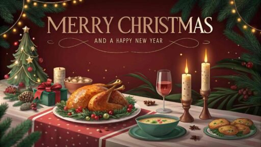 A picture of merry christmas and happy new year with a holiday feast. "Merry Christmas and A Happy New Year" is clearly displayed.