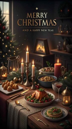 A delightful image of Merry Christmas and a Happy New Year with a table full of delicious holiday food and sparkling decorations.