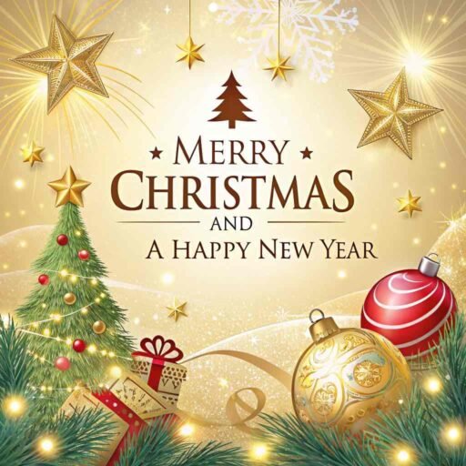 A picture of merry christmas and happy new year with golden stars. "Merry Christmas and A Happy New Year" is clearly visible in large letters.