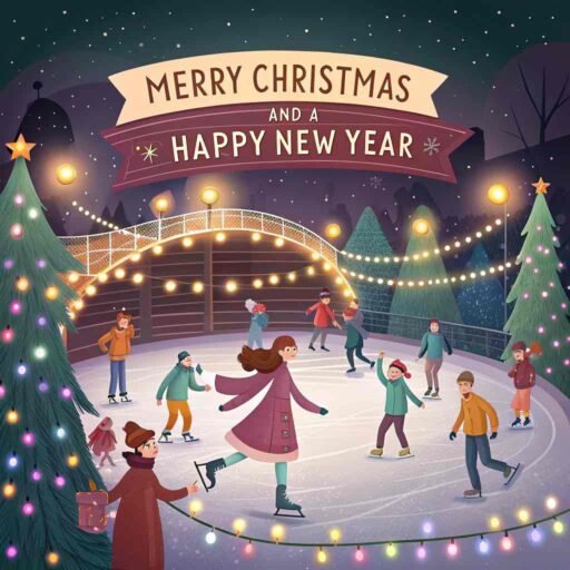 A lively pic of merry christmas and a happy new year with bold text glowing above a cheerful skating rink.