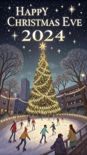 A glowing silver "Happy Christmas Eve 2024" above a skating rink scene.