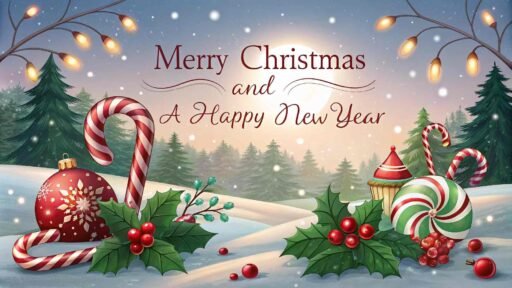 A picture of merry christmas and happy new year showing vibrant red and green colors. The phrase "Merry Christmas and A Happy New Year" is clearly visible in large text.