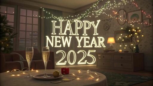 A "happy new year 2025 pic" highlighting a party atmosphere with big, glowing text.