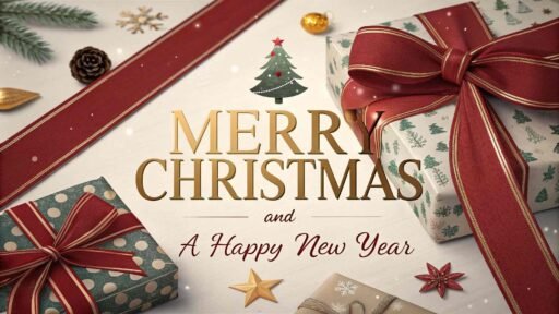 A stylish "merry christmas and a happy new year pic" with gold text on a red ribbon and bow background.