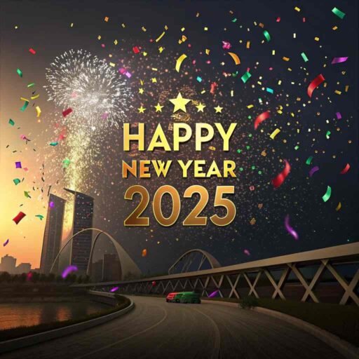 A confetti rain-themed happy new year 2025 free image with festive bold text.