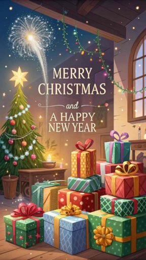 A picture of merry christmas and happy new year featuring wrapped gifts. "Merry Christmas and A Happy New Year" is clearly visible in large text
