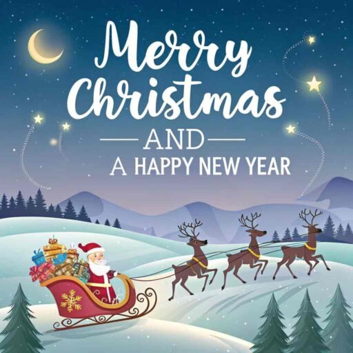 A magical image of Merry Christmas and a Happy New Year featuring a sleigh gliding through snowy hills under a starry night.