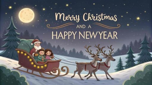 A joyful image of Merry Christmas and a Happy New Year showing a festive sleigh ride with jingling bells in the snow.