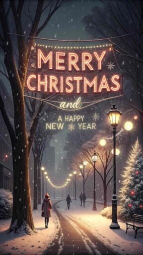 A charming pic of merry christmas and a happy new year showcasing bold text on a festive snowy street banner.